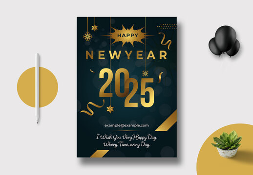 Golden Color 2025 Happy New Year Flyer