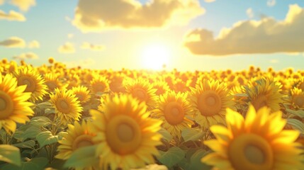 Fototapeta premium A vibrant field of sunflowers basking in the warm sunlight at sunset.