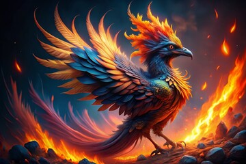 Fototapeta premium Fiery Avian: Phoenix Bird, Fire Wings, Burning Feathers, Mythical Creature, Flame Bird, Inferno Bird, Fantasy Bird Art, Surreal Fire Bird Photography