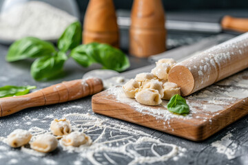Fototapeta premium Close-up photograph of homemade tortellini on a wooden cutting board, dusted with flour, alongside a rolling pin, fresh basil leaves, and kitchen tools, creating a rustic culinary scene.