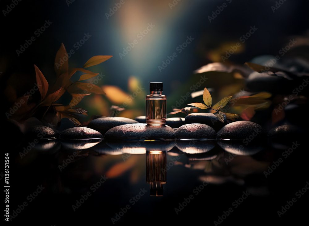 Poster a small amber bottle rests on dark stones beside a tranquil pool, surrounded by autumn leaves. the s