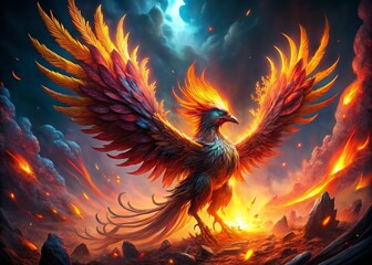 Obraz premium Fiery Phoenix Bird, Surreal Firebird, Mythical Creature, Burning Wings, Fantasy Art, AI Generated Image