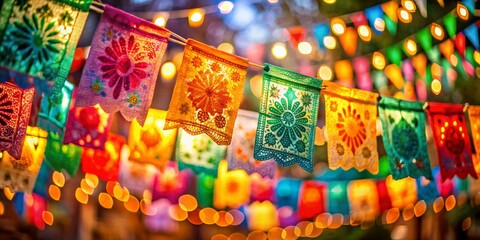 Fototapeta premium Fiesta Flags: Bokeh Photography of Colorful Mexican Paper Flags