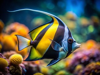 Naklejka premium Finding Nemo Gill Fish Portrait, Ocean Fish Portrait Photography, Clownfish Friend, Animated Movie Fish, Gill the Moorish Idol, Underwater Portrait