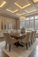 Fototapeta premium Photographie intérieure d'une salle à manger élégante et spacieuse avec une grande table en bois pour les repas en famille