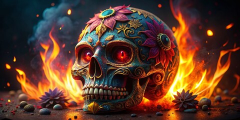 Flaming Sugar Skull Dia de los Muertos - AI Art, Mexican Skull, Day of the Dead, Colorful Skull, Fire, Art