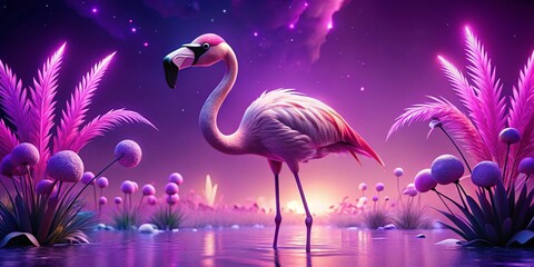 Flamingo VR Neon Purple Landscape - Surreal Bird Photography, Digital Art,  Virtual Reality, Nature Scene