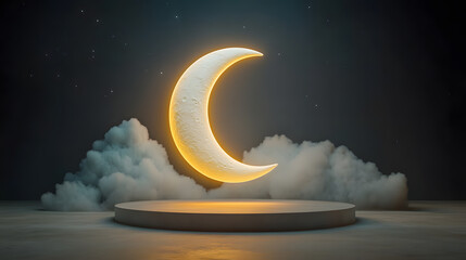 Ethereal crescent moon podium dreamlike setting artistic display mystical environment nighttime viewpoint