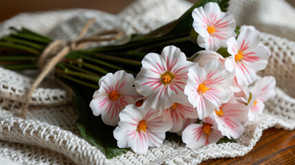 Naklejka premium A bouquet of white flowers with striking pink stripes and yellow centers, delicately tied with twine and placed on soft, textured lace fabric, creating a romantic and natural still life composition. 