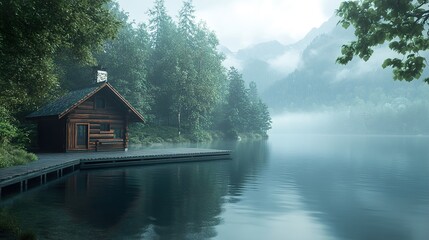 Fototapeta premium Secluded Lake Cabin: A Serene Escape in the Misty Mountains