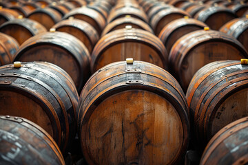 Wine wooden barrels, old shabby, background. Alcoholic winery basement storage for fermentation.