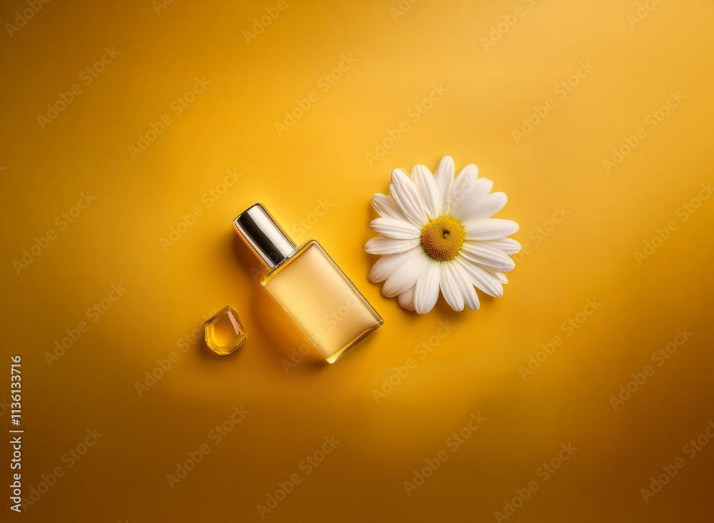 Aufkleber a single chamomile flower and a small bottle of yellow perfume rest on a vibrant yellow background. 