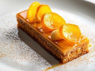 A dessert featuring a caramel glaze and candied citrus slices on a biscuit base.