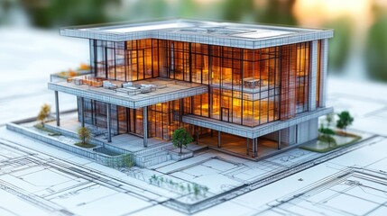 Architectural Model of a Modern Glass House on Blueprint