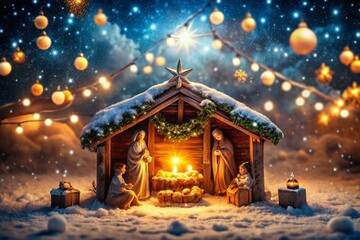 Fototapeta premium Free Christian Christmas Photos: Night Nativity Scene, Festive Lights, Winter Wonderland