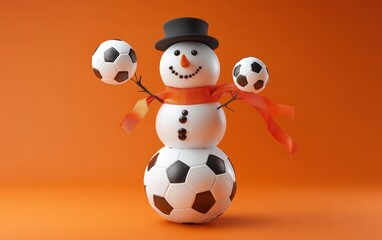A snowman made of stacked soccer balls with a cap and ribbon scarf floating dynamically on a bold orange background