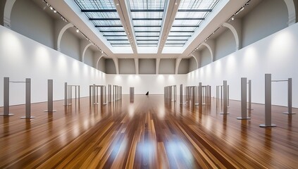 Fototapeta premium Large, empty exhibition hall suitable for galleries, Empty modern building interior background, Minimalist museum gallery lobby with blurred background, suited for events, created with generative ai