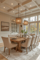 Fototapeta premium Photographie intérieure d'une salle à manger élégante et spacieuse avec une grande table en bois pour les repas en famille