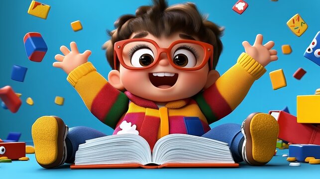 Joyful child celebrating learning with open book and colorful blocks