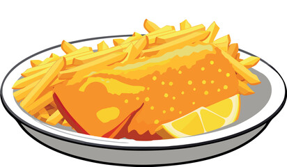 Breaded fried fish fillet with french fries and lemon slice on plate
