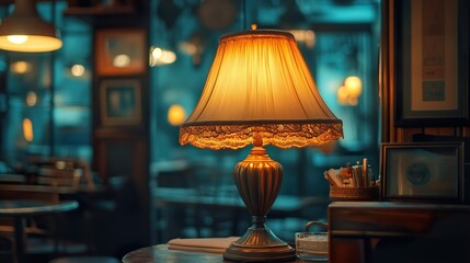 Cozy vintage lamp illuminating a warm and inviting cafe interior