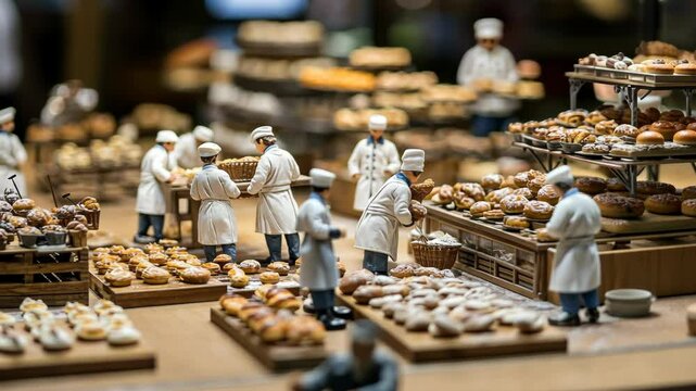 Bakers working in a detailed miniature bakery filled with various types of bread and pastries during a busy day