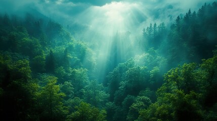 Fototapeta premium Sunlit Forest: Misty Mountain Landscape Photography
