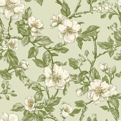 Seamless floral pattern. Vector botanical background. Tree branches with flowers. Green