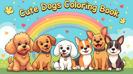 Fototapeta premium Adorable Cartoon Dogs Sitting Under a Rainbow