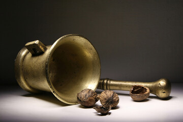 A mortar and pestle and two walnuts are lying on the table