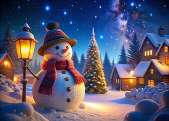 Obraz premium Frosty Snowman Night Photography: Winter Wonderland, Snowy Night Scene, Magical Christmas, Holiday Lights