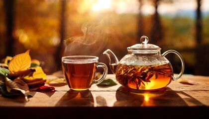 Cozy herbal tea experience with steam rising from a glass teapot and mug on wooden table during autumn. Generative AI