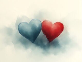 Two Abstract Hearts in Soft Hues on a Cloudy Background