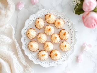 A plate of golden-brown coconut macaroons arranged neatly for serving.