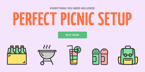 Perfect Picnic Setup Service Concept Horizontal Invitation Placard Poster Banner Card Template with Different Elements. Vector illustration