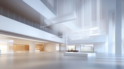 A modern, spacious interior featuring minimalist design, soft lighting, and an open layout that promotes a serene atmosphere.