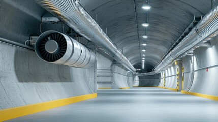 A modern, well-lit tunnel with industrial features, including ventilation systems and smooth concrete walls, creating a spacious and futuristic atmosphere.