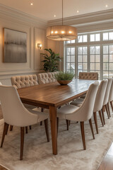 Fototapeta premium Photographie intérieure d'une salle à manger élégante et spacieuse avec une grande table en bois pour les repas en famille