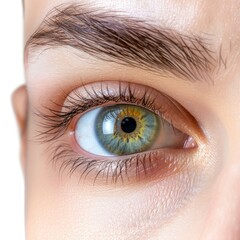 Fototapeta premium Close up of female eye with long eyelashes and perfect eyebrow shape, showcasing natural beauty and health