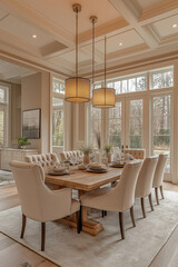 Obraz premium Photographie intérieure d'une salle à manger élégante et spacieuse avec une grande table en bois pour les repas en famille