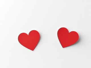 Two red heart stickers adhered to white paper background , material, minimal, affection