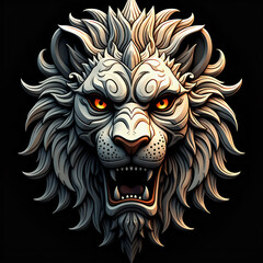 Fototapeta premium Fierce Stone Lion Head with Glowing Orange Eyes in Gothic Style