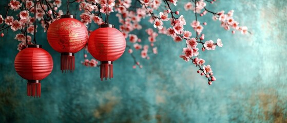 Obraz premium Red lanterns and plum blossoms hanging against the background of a green-blue wall
