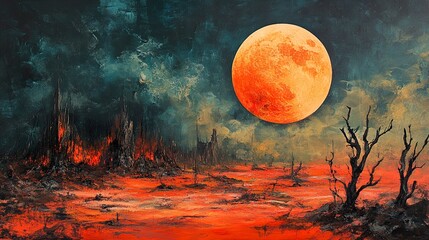 Infernal Landscape: A Burning World Under an Orange Moon