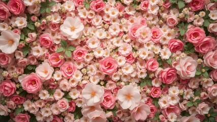 Naklejka premium Vintage-style artificial flower wall backdrop, lush blooms, roses, greenery