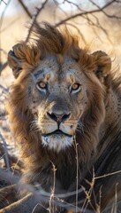 Fototapeta premium Majestic portrait of a lion showcasing its impressive mane and intense gaze in stunning detail