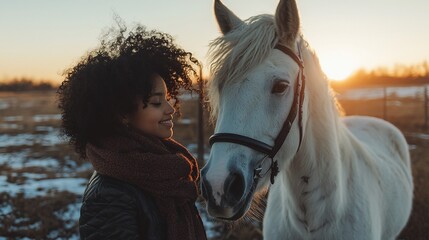 Obraz premium Woman bonding with a white horse at sunset.