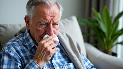 Sick elderly man sitting on sofa and sneezing into tissue