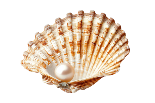An open seashell with a pearl inside, isolated on a transparent background, perfect for ocean, jewelry, or nature-themed designs.