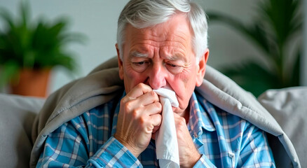 Sick elderly man sitting on sofa at home coughing into tissue